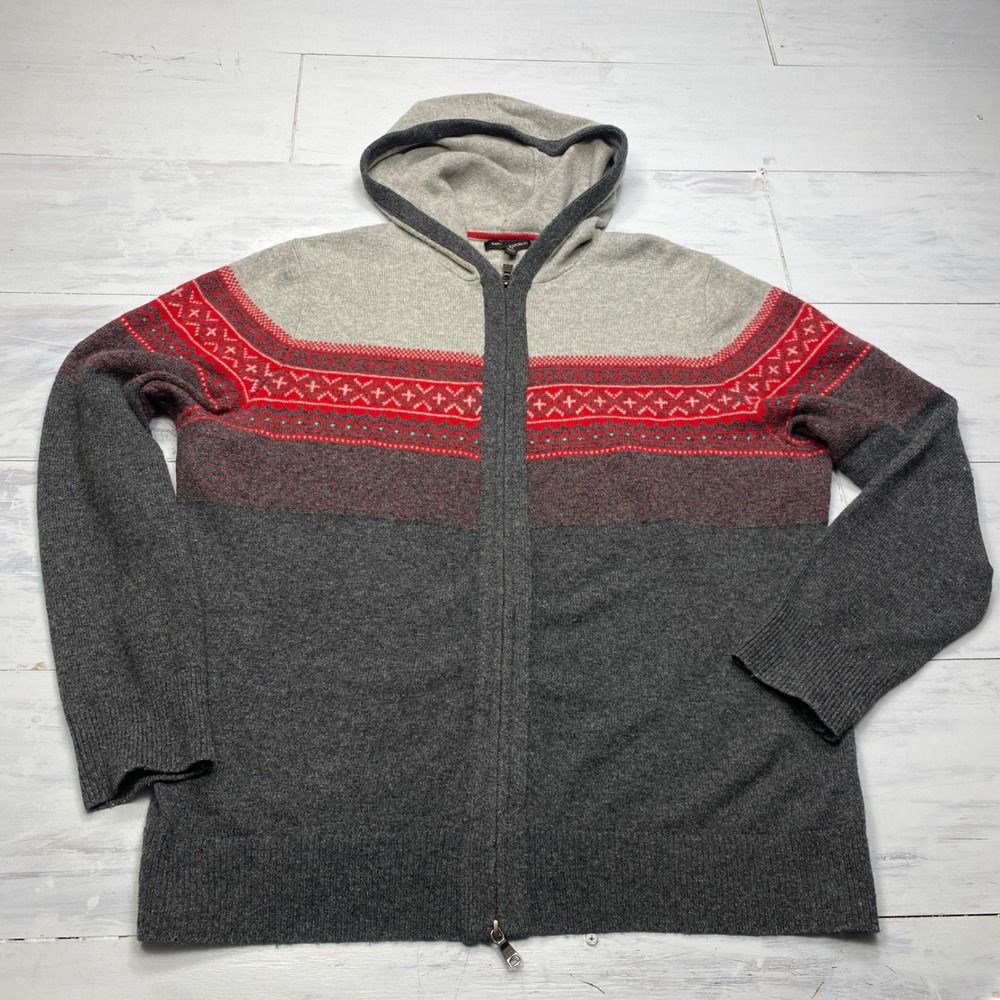 Banana Republic Merino Wool Fair Isle Hoodie Sweater Mens XL Grey Red Full Zip